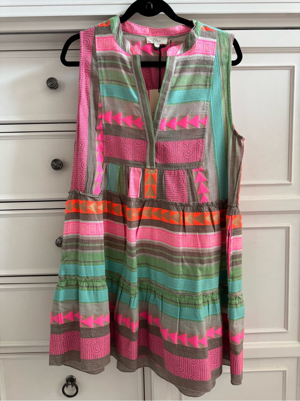 Elan Multicolor Striped Geo-Print Mini Dress — Pink, Turquoise, Orange, Olive